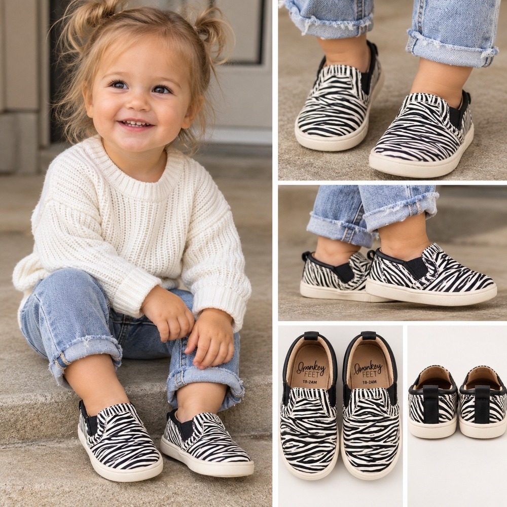 Monkey Feet Toddler Zebra Print Leather Slip On Sneakers 18-24M Black White